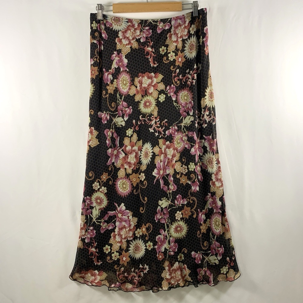 Y2K Fairy Grunge Bias Cut Chiffon Floral Maxi Slip Skirt Size L Boho Lettuce Hem